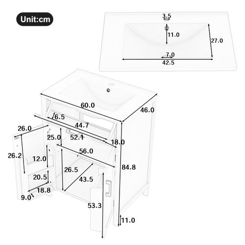 Meuble Vasque 60x46x84,8 Cm, Sur Pied Avec Lavabo Céramique Intégré, 3 Portes, Mdf, Céramique, Gris