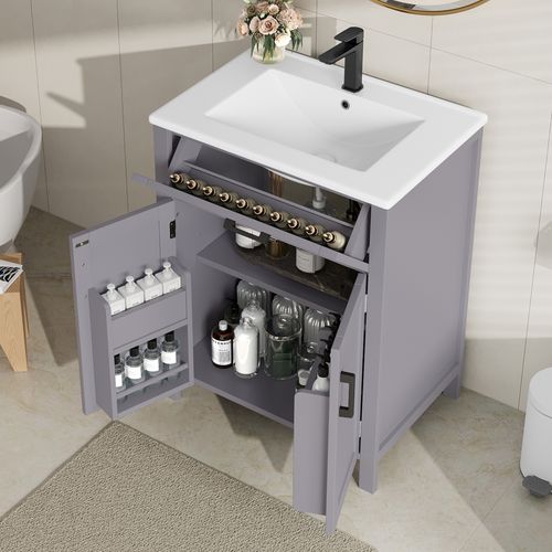 Meuble Vasque 60x46x84,8 Cm, Sur Pied Avec Lavabo Céramique Intégré, 3 Portes, Mdf, Céramique, Gris