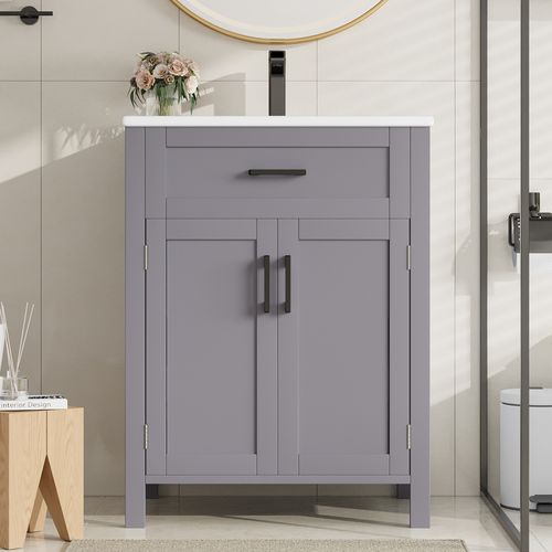 Meuble Vasque 60x46x84,8 Cm, Sur Pied Avec Lavabo Céramique Intégré, 3 Portes, Mdf, Céramique, Gris