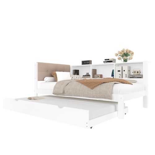 Lit Gigogne 90x200 Cm, Lit 2 En 1 Extensible, LED, 3 Niches Latérales, Port USB, Pin, Lin, Blanc