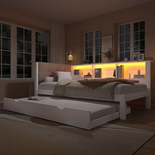 Lit Gigogne 90x200 Cm, Lit 2 En 1 Extensible, LED, 3 Niches Latérales, Port USB, Pin, Lin, Blanc