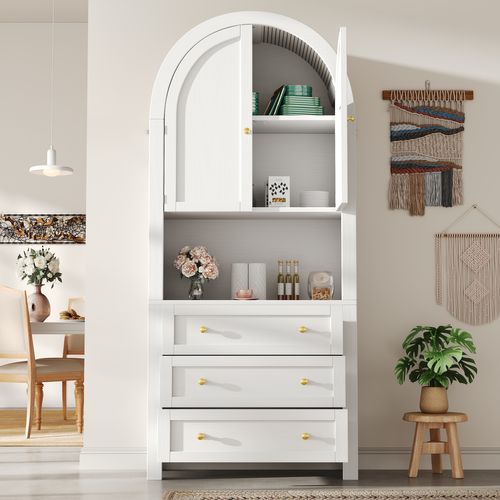 Buffet Haut 70x35x180 Cm, Design En Arc Avec 2 Portes Et 3 Tiroirs, Mdf, Couleur Blanche