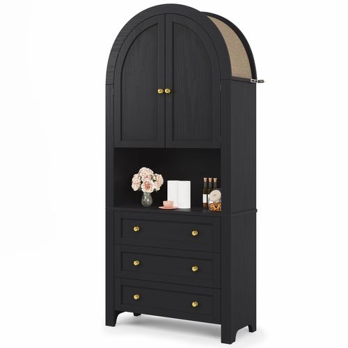 Buffet Haut 70x35x180 Cm, Dessus Voûté, 3 Tirois + 2 Portes + 1 Niche, Mdf, Noire