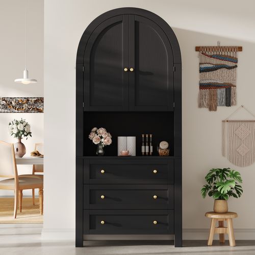 Buffet Haut 70x35x180 Cm, Dessus Voûté, 3 Tirois + 2 Portes + 1 Niche, Mdf, Noire