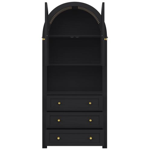 Buffet Haut 70x35x180 Cm, Dessus Voûté, 3 Tirois + 2 Portes + 1 Niche, Mdf, Noire
