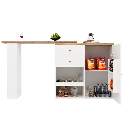 Table De Bar 138/204x39x104cm, Module Pivotant 360 Degrés Avec Étagères, 2 Tiroirs, Mdf, Blanc+bois