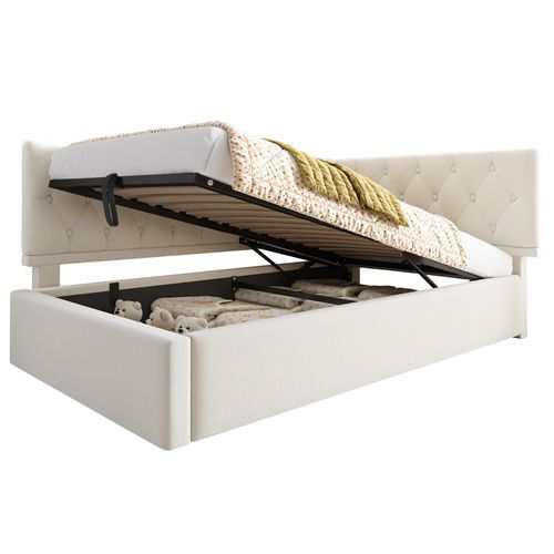 Lit Coffre 90x200 Cm, Tête Modulable Gauche Ou Droite, Rangement Caché, Velours, Couleur Beige