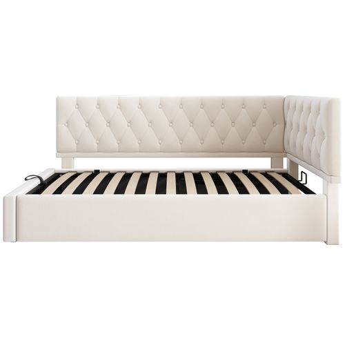 Lit Coffre 90x200 Cm, Tête Modulable Gauche Ou Droite, Rangement Caché, Velours, Couleur Beige
