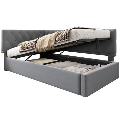 Lit Coffre 90x200 Cm, Rangement Caché, Design En L, Têtière Réversible, Bois, Métal, Velours, Gris