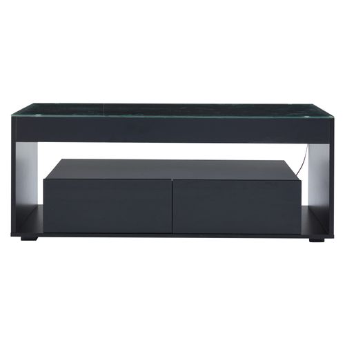 Table Basse LED 100x50x40cm, 16 Couleurs Avec Télécommande, Plateau à Tiroirs, Verre Trempé, Noir