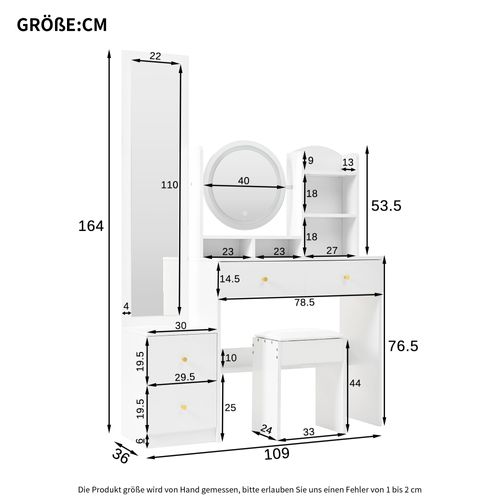 Coiffeuse 109x36x164 Cm Avec 2 Miroirs, LED, Tabouret, 4 Tiroirs, Panneaux De Particules, Blanc