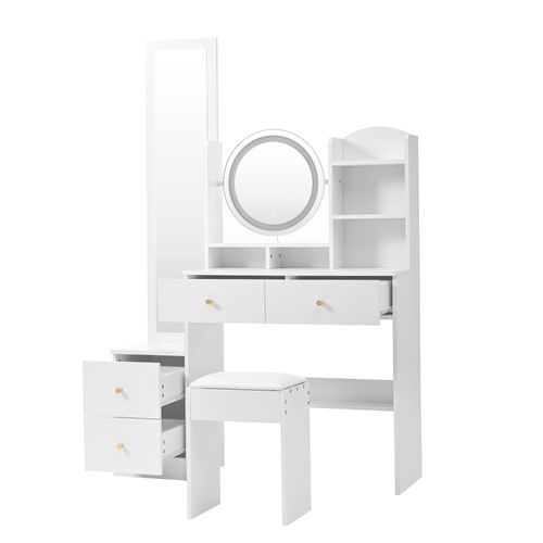 Coiffeuse 109x36x164 Cm Avec 2 Miroirs, LED, Tabouret, 4 Tiroirs, Panneaux De Particules, Blanc