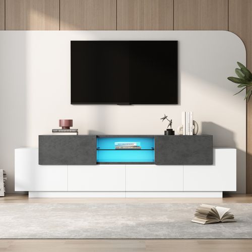 Meuble TV 180x40x45 Cm, LED Rgb, Motif De Marbre En Mdf, Panneaux De Particules, Blanc Et Gris