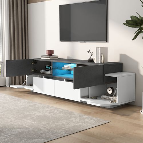 Meuble TV 180x40x45 Cm, LED Rgb, Motif De Marbre En Mdf, Panneaux De Particules, Blanc Et Gris