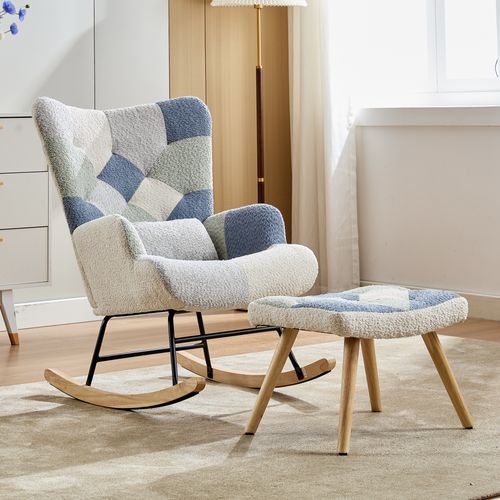 Fauteuil Rocking-chair,avec Repose-pieds,moderne,mousse,bois+métal,tissu,multicolore