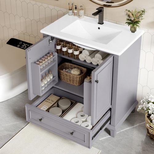 Meuble Vasque 76x46x87 Cm, Vasque Céramique, 2 Portes, 1 Tiroir, Mdf, Pieds Bois, Gris+blanc