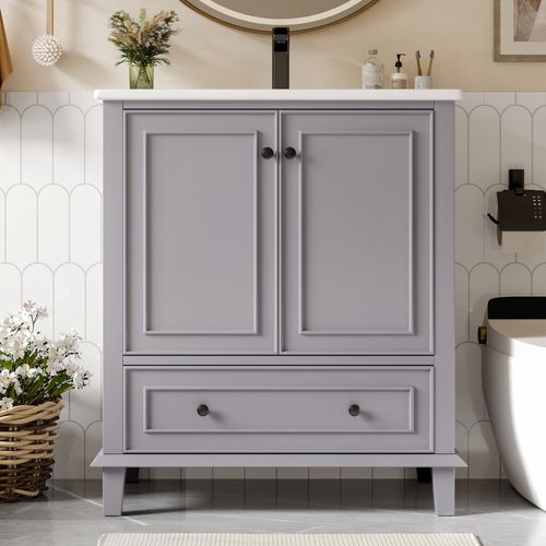 Meuble Vasque 76x46x87 Cm, Vasque Céramique, 2 Portes, 1 Tiroir, Mdf, Pieds Bois, Gris+blanc