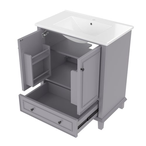 Meuble Vasque 76x46x87 Cm, Vasque Céramique, 2 Portes, 1 Tiroir, Mdf, Pieds Bois, Gris+blanc