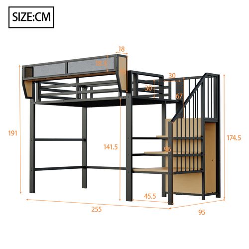 Lit Mezzanine 90x200 Cm, Espace De Rangement, Motif Bois, Échelle De Sécurité, Mdf, Métal, Noir
