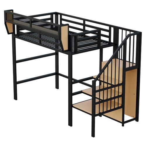 Lit Mezzanine 90x200 Cm, Espace De Rangement, Motif Bois, Échelle De Sécurité, Mdf, Métal, Noir