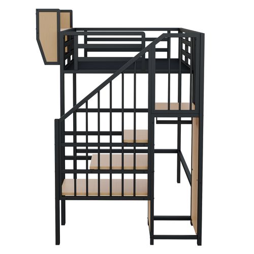 Lit Mezzanine 90x200 Cm, Espace De Rangement, Motif Bois, Échelle De Sécurité, Mdf, Métal, Noir