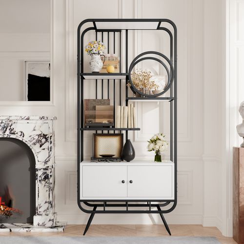 Étagère 80x30x180 Cm, Armoire Avec Portes Doubles Et 3 Tablettes, Mdf Et Métal, Noir Et Blanc