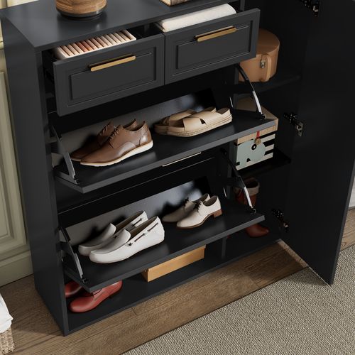 Meuble à Chaussures 95x24x107.5 Cm, Étagères Réglables Et Tiroirs, Mdf, Noir