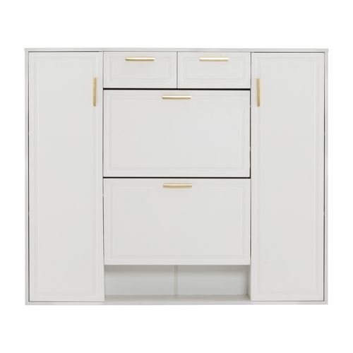 Meuble à Chaussures 120x24x107 Cm, 2 Tiroirs, 4 Portes, 1 Niche, Mdf Et Panneaux, Couleur Blanche