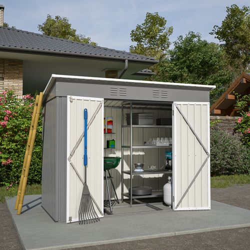Abri De Jardin 242x126x182 Cm, 2 Portes Verrouillables, Acier Galvanisé, Couleur Gris