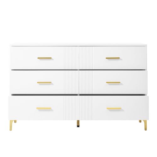 Buffet Bas 120x40x76 Cm, 6 Tiroirs Avec Façade Ondulée, Mdf, Poignées Dorées, Blanc+doré