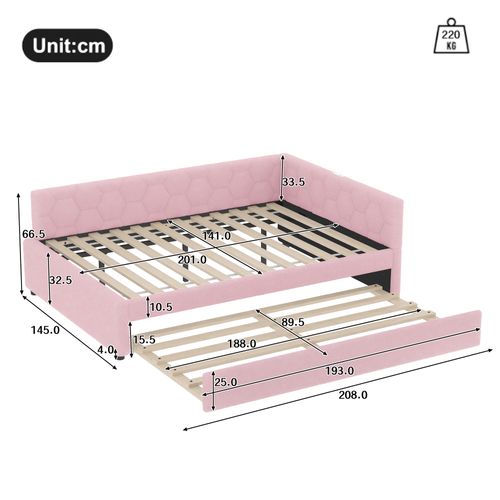 Lit Gigogne Canapé-lit 140x200 Cm Avec Lampe De Chevet, Port USB-c, Sommier, Velours Rose