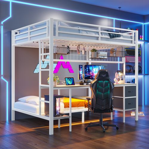 Lit Superposé 140x200+90x200 Cm, Bureau Et 2 Tiroirs, Cadre En Métal Stable, LED 7 Couleurs, Blanc
