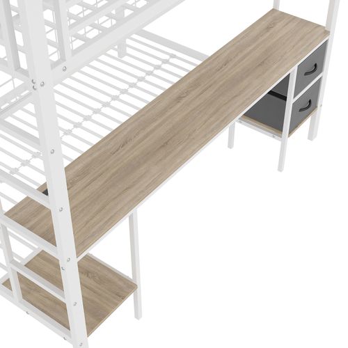 Lit Superposé 140x200+90x200 Cm, Bureau Et 2 Tiroirs, Cadre En Métal Stable, LED 7 Couleurs, Blanc