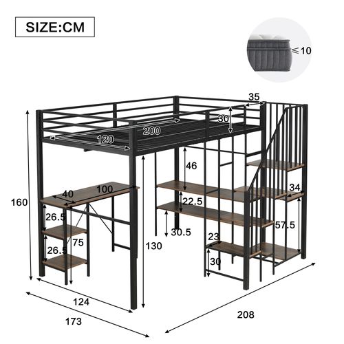 Lit Mezzanine Moderne 120x200 Cm Avec Bureau Et Rangement, Lit Enfant, Métal Et Mdf, Couleur Noire