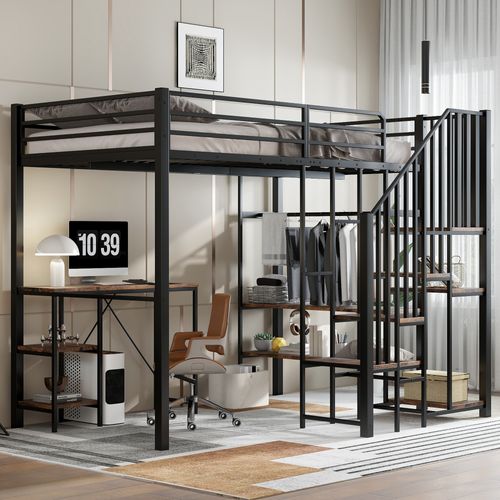 Lit Mezzanine Moderne 120x200 Cm Avec Bureau Et Rangement, Lit Enfant, Métal Et Mdf, Couleur Noire