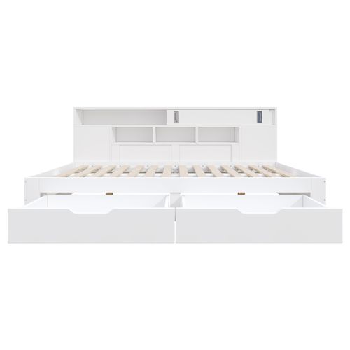 Lit Double 140x200 Cm, 2 Tiroir, Étagères Modulable, 2 Portes Coulissantes, Mdf, Blanc