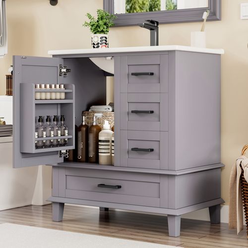 Meuble Vasque 76x46x83,5 Cm, 3 Tiroirs Silencieux, 1 Porte, Mdf Et Céramique, Gris