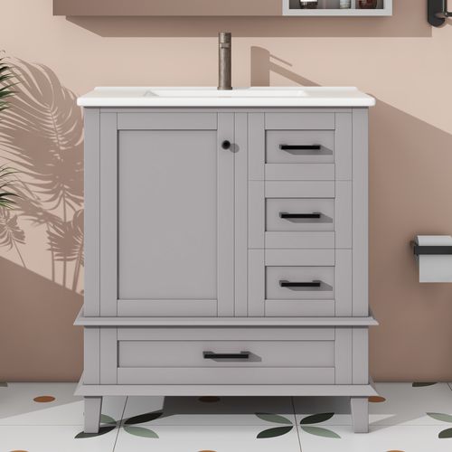 Meuble Vasque 76x46x83,5 Cm, 3 Tiroirs Silencieux, 1 Porte, Mdf Et Céramique, Gris