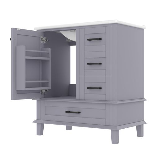 Meuble Vasque 76x46x83,5 Cm, 3 Tiroirs Silencieux, 1 Porte, Mdf Et Céramique, Gris