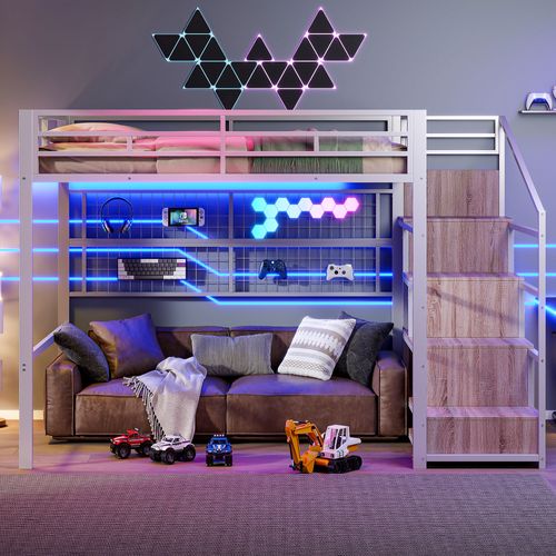 Lit Mezzanine 140x200 Cm, Armoire-échelle, Escalier De Rangement, LED 7 Couleurs, Métal, Blanc
