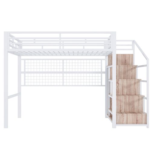 Lit Mezzanine 140x200 Cm, Armoire-échelle, Escalier De Rangement, LED 7 Couleurs, Métal, Blanc