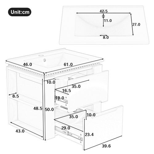 Meuble Salle De Bain 61x46x50 Cm, Avec Vasque Et LED Radar, 2 Tiroirs, Mdf Et Céramique, Blanc