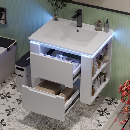Meuble Salle De Bain 61x46x50 Cm, Avec Vasque Et LED Radar, 2 Tiroirs, Mdf Et Céramique, Blanc