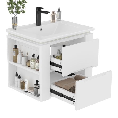 Meuble Salle De Bain 61x46x50 Cm, Avec Vasque Et LED Radar, 2 Tiroirs, Mdf Et Céramique, Blanc