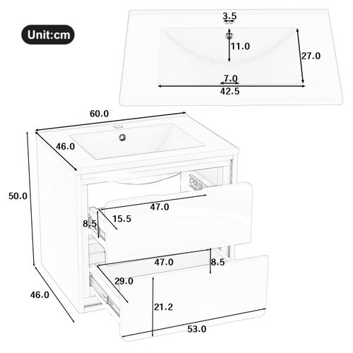 Meuble Vasque Suspendu 60x46x50 Cm, Éclairage Radar LED, 2 Tiroir, Mdf Et Céramique, Blanc