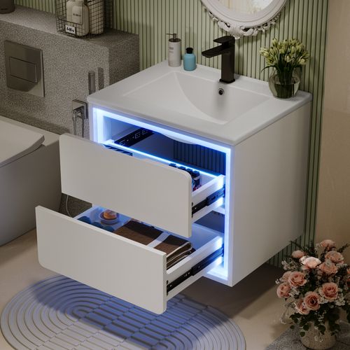 Meuble Vasque Suspendu 60x46x50 Cm, Éclairage Radar LED, 2 Tiroir, Mdf Et Céramique, Blanc