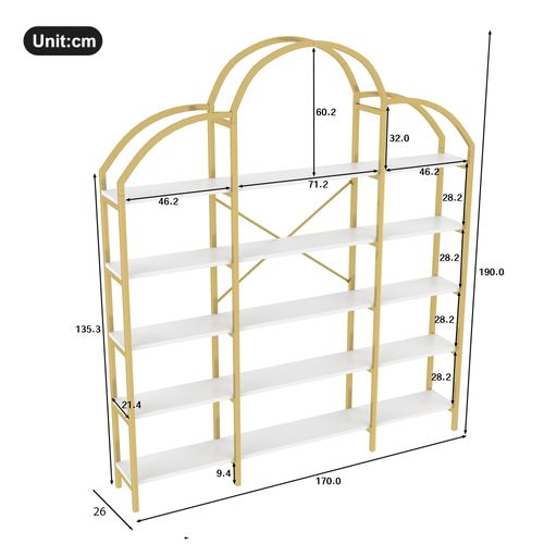 Étagère 170x26x190 Cm, 5 Niveaux De Rangement, Design Nuage Unique, Mdf, Métal, Doré Et Blanc