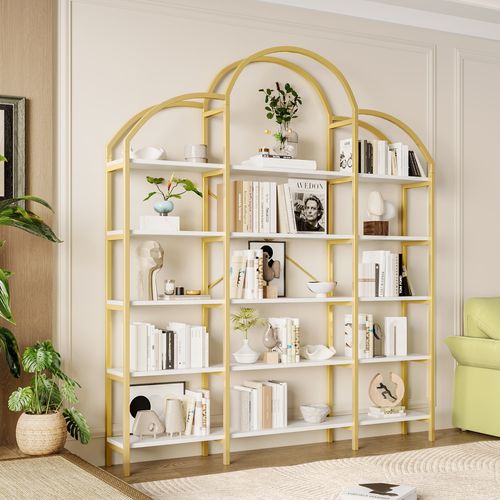 Étagère 170x26x190 Cm, 5 Niveaux De Rangement, Design Nuage Unique, Mdf, Métal, Doré Et Blanc