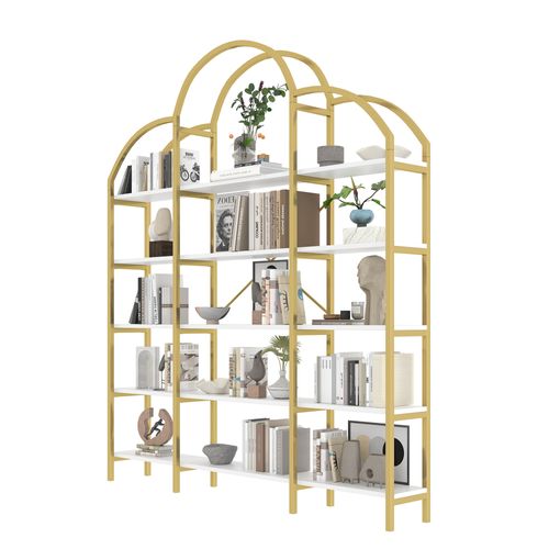 Étagère 170x26x190 Cm, 5 Niveaux De Rangement, Design Nuage Unique, Mdf, Métal, Doré Et Blanc