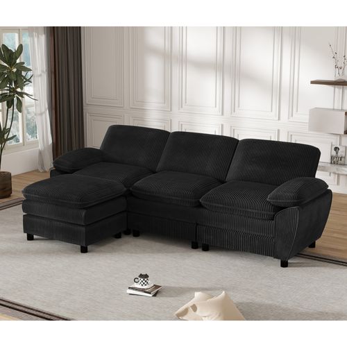 Canapé Modulable 3 Places 258x86.1x62.9cm, Pouf Convertible, Bois, Velours Côtelé, Noir